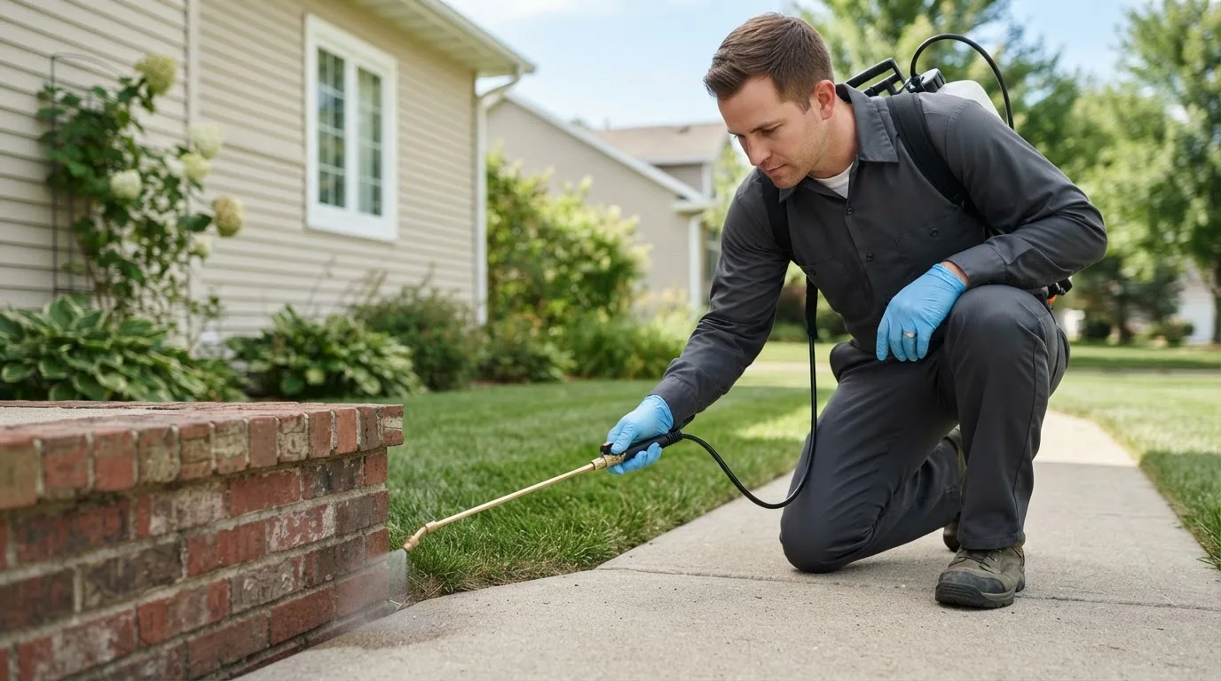 Pest control technician treating a home near Boyers, PA